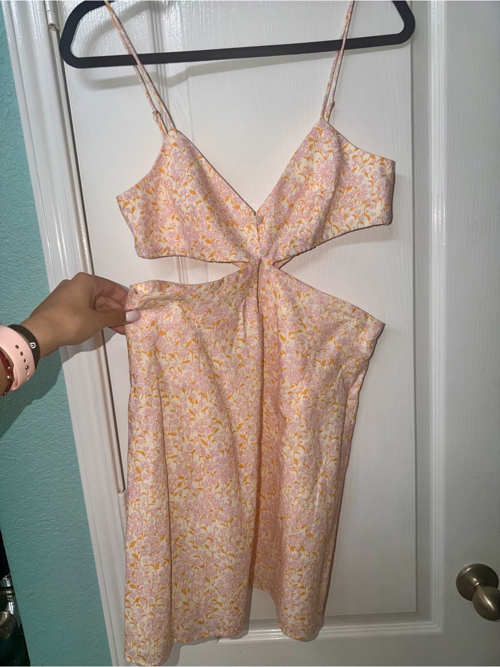 Floral Cutout Spaghetti-Strap Dress in Pink and Yellow